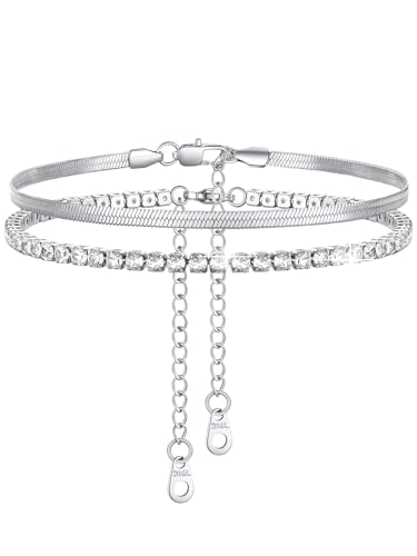 FindChic 2 Stück Schlangenkette Fußkette Tennis Fußkettchen Damen 5A Zirkonia Frauen Edelstahl Fußkettchen Set, 2pcs Verstellbare Sommer Strand Barfuß, Wasserfest, 22+5cm, Silber von FindChic