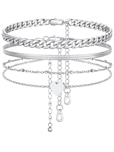 FindChic 3 Stück Fußkette Damen Doppeltes Herz-Fußkette Schlangenkette Fußkettchen Panzerkette Strand Knöchel Ketten Armbänder Verstellbare Fuß Schmuck Set, Silber, Wasserfest, 22+5cm von FindChic