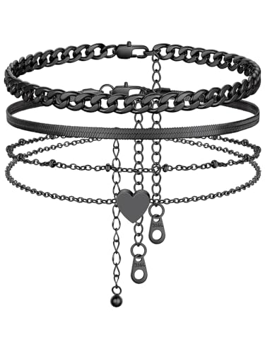 FindChic 3 Stück Fußkette Damen Doppeltes Herz-Fußkette Schlangenkette Fußkettchen Panzerkette Strand Knöchel Ketten Armbänder Verstellbare Fußschmuck Set, Schwarz, Wasserfest, 22+5cm von FindChic