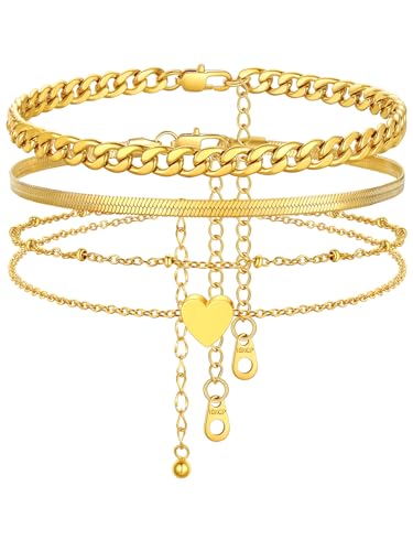 FindChic 3 Stück Fussketten für Frauen Gold Doppeltes Herz-Fußkette Schlangenkette Fußkettchen Panzerkette Strand Knöchel Ketten Armbänder Verstellbare Fuß Schmuck Set, Wasserfest, 22+5cm von FindChic