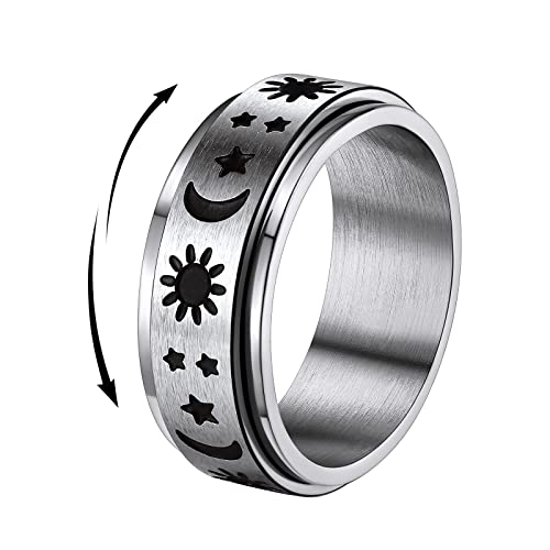 FindChic Anti Stress Ring Edelstahl Stern Mond Sonne Bandring drehbarer Spinner Ring für Geburtstag Weihnachten Silber 57 von FindChic