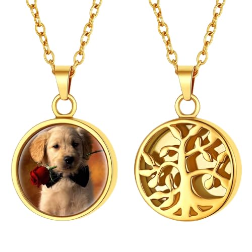 FindChic Asche Urne Kette mit Gravur Damen Andenken zum Befüllen Edelstahl Fotoanhänger Memorial Baum des Lebens Anhänger Personalisierte Erinnerung Schmuck Gold von FindChic
