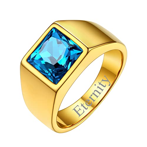 FindChic Blau Stein Ring mit Gravur Herren Edelstahl Bandring Männer Fingerring Gothic-Ring Siegelring Personalisierbarer Geschenk + Geschenk-Box für Papa Vater Größe 67, Gold von FindChic