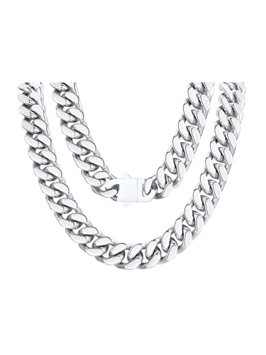 FindChic Choker Kette Damen Edelstahl Gliederkette Dick Panzerkette 14MM Extrem Breite Halskette Silber Cuban Link Chain 45cm Statement Kette Hals Modeschmuck von FindChic
