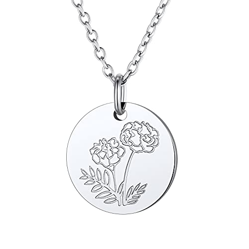 FindChic Ketten für Damen Geburtsblumen Oktober Halskette aus Edelstahl Trendiger Rundanhänger mit Ringelblume Verstellbare Länge 45+5cm Silberkette Geschenk für Mädchen von FindChic