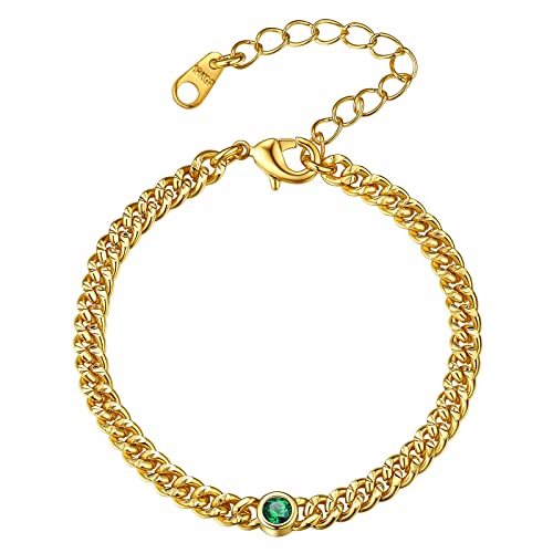 FindChic Damen Edelstein Armkette Figaro Handkette in Gliederarmband Vergoldet Bracelet Women aus Kupfer Smaragd Mai Armbänder Grüner Stein von FindChic