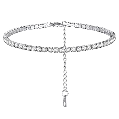 FindChic Damen Iced Out Fußkettchen mit Weißer Zirkon Fußbänder Mädchen wasserdichter silberner Fußschmuck aus Edelstahl Ankle Chain 27cm lang als Geschenk von FindChic