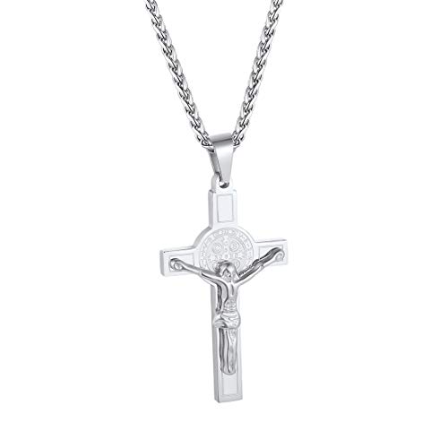 FindChic Edelstahl Saint Benedikt Kreuzanhänger mit Weizenkette Schutzpatron Talisman Kruzifix Halskette mit Geschenkebox von FindChic