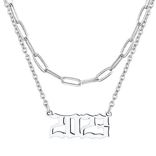 FindChic Edelstahl Zahlenkette Silber Layered Kette Personalisierte Kette Angel Number Anhänger Geburtsjahr Jahreszahl Necklace Freundschaftskette für Freundin Ehefrau von FindChic