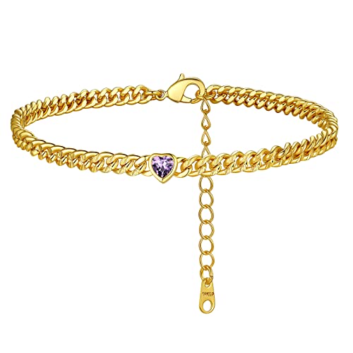 FindChic Fußkette Damen aus Kupfer goldenes Fußbänder Modes Kristall Fußschmuck Wasserfest herz Geburststein Februar Amethyst Stein als Geschenk zum Geburtstag, Weihnachten, Valentinstag von FindChic