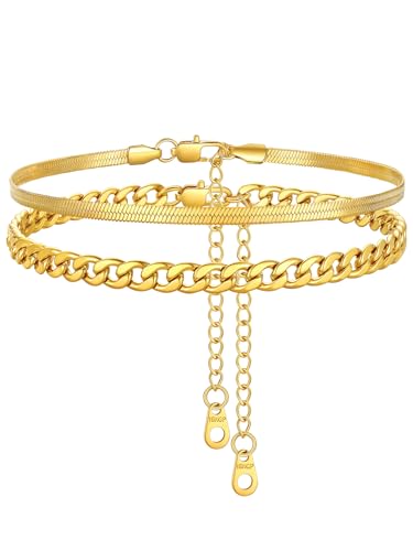 FindChic Fussketten für Frauen Gold Verstellbar Schlangenkette Panzerkette Fußkette 2 Stück Strand Knöchel Ketten Klassische Fußschmuck Wasserfest, 22+5cm von FindChic