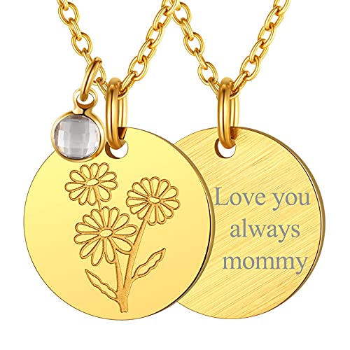 FindChic Geburtsblumen Gänseblümchen Kette Edelstahl Personalisierbare Münze Anhänger mit Gravur Damen April Geburtsstein Halskette Verstellbare Länge 45+5cm Gold von FindChic