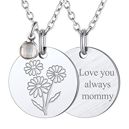 FindChic Geburtsblumen Gänseblümchen Kette Edelstahl Personalisierbare Münze Anhänger mit Gravur Damen April Geburtsstein Halskette Verstellbare Länge 45+5cm Silber von FindChic