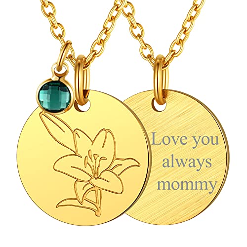 FindChic Geburtsblumen Lilie Kette Edelstahl Personalisierbare Münze Anhänger mit Gravur Damen Mai Geburtsstein Halskette Verstellbare Länge 45+5cm Gold von FindChic