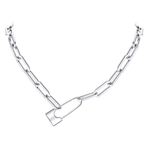 FindChic Damen Schlolss Choker Halskette Edelstahl Gliederkette mit Schloss Anhänger 40cm lang Kürz Choker Halskette mit Geschenkebox für Damen Mädchen von FindChic