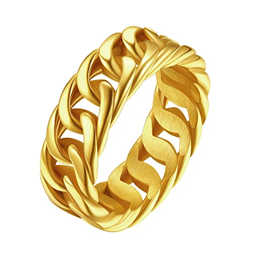 FindChic Herren Ring Edelstahl Kubanischer Kettenring 7,0mm breit Damen Gothic Fingerring Hip Hop Männerringe Vergoldet 14 von FindChic