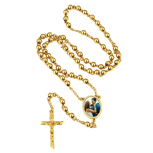 FindChic Kette für Damen Rosenkranz Kommunion Halskette Perlen Katholische Kreuz Anhänger Edelstahl Foto Halskette mit Gravur Gold von FindChic