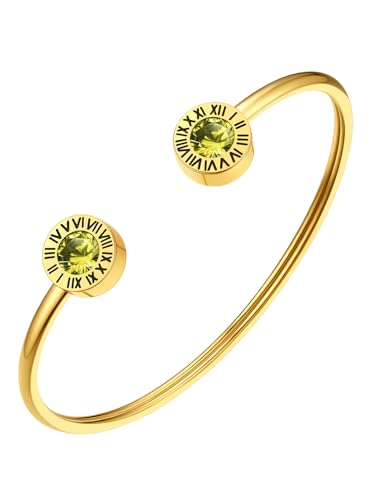FindChic Kristall Armreif Damen Edlestahl Römische Ziffer Goldarmbänder Geburtsstein Peridot Armkette Offen Armschmuck für Muttertag Valentinstag Geburtstag Weihnachten von FindChic