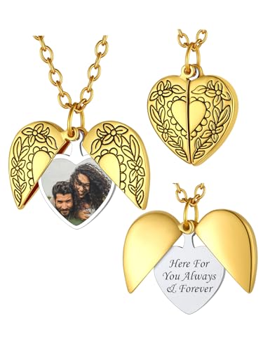 FindChic Medallion zum Öffnen mit Bild Damen Herz Engelsflügel Fotokette Frauen Personalisierte Halskette mit Gravur, Locket Necklace, Gold, 50+5cm von FindChic