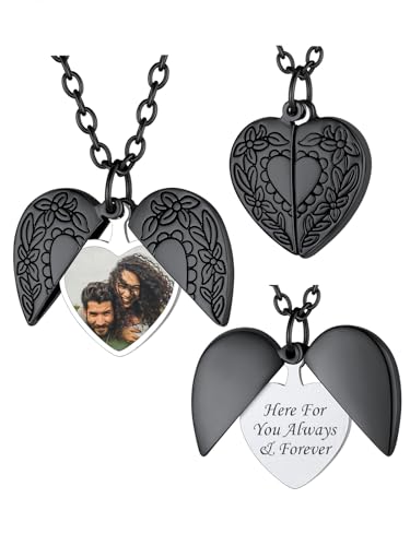 FindChic Medallion zum Öffnen mit Bild Damen Herz Engelsflügel Fotokette Frauen Personalisierte Halskette mit Gravur, Locket Necklace, Schwarz, 50+5cm von FindChic