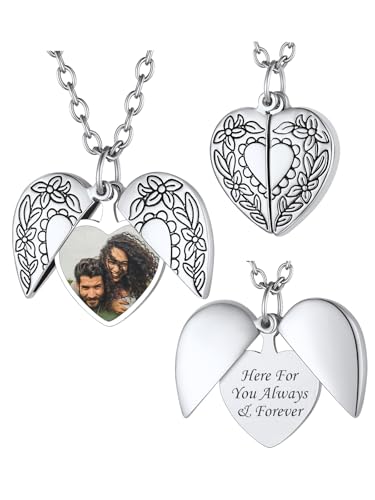 FindChic Medallion zum Öffnen mit Bild Damen Herz Engelsflügel Fotokette Frauen Personalisierte Halskette mit Gravur, Locket Necklace, Silber, 50+5cm von FindChic