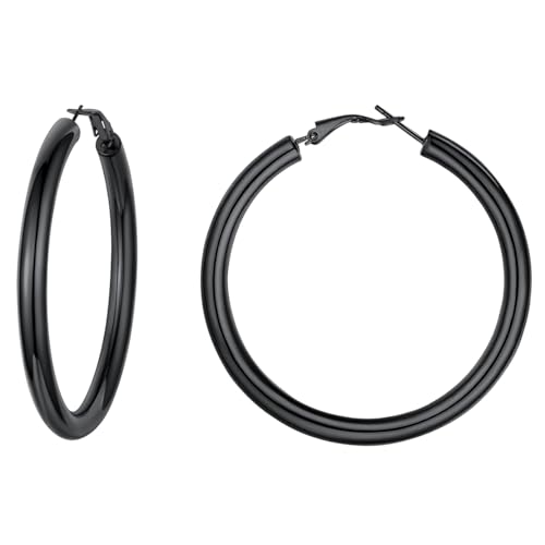 FindChic Ohrringe Schwarz Damen 60mm Creolen Huggie Hoop Ohrringe Edelstahl Ohr Piercings Hypoallergene Ohrschmuck mit Geschenkebox für Freundin Freunden von FindChic