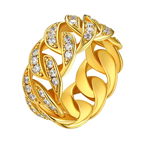 FindChic Panzerkette Ring Damen Herren Bandring Punk Kubanisher Kettenring aus Kupfer 10mm breit Chain Rings mit Cubic Zirkonia in Gold 57 von FindChic