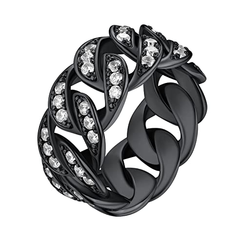 FindChic Panzerkette Ring Damen Herren Bandring Punk Kubanisher Kettenring aus Kupfer 10mm breit Chain Rings mit Cubic Zirkonia in Schwarz 72 von FindChic