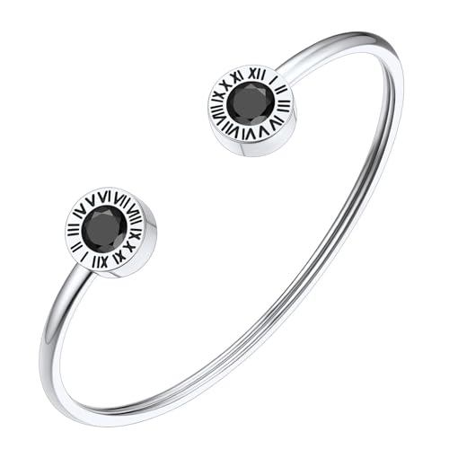FindChic Römische Zahlen Ziffern Armreif Damen Herren Armband Edlestahl Offen Armband mit schwarz stein Kristall Armkette Charm Armschmuck, Silber von FindChic
