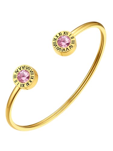 FindChic Römische Ziffer Armreif Damen Edlestahl Goldarmbänder Geburtsstein Kristall Armkette Offen Armschmuck für Muttertag Valentinstag Geburtstag Weihnachten von FindChic