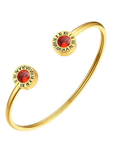 FindChic Roter Stein Armreif Damen Edlestahl Römische Ziffer Goldarmbänder Geburtsstein Rubin Armkette Offen Armschmuck für Muttertag Valentinstag Geburtstag Weihnachten von FindChic