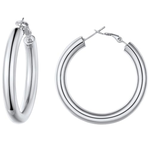 FindChic Creolen Edelstahl Damen 40mm Runde Kreis Ohrringe Silber Huggie Hoop Kreolen Ohrschmuck für Muttertag Valentinstag Weihnachten von FindChic