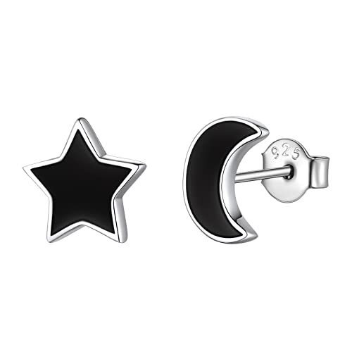 FindChic Schwarz Ohrstecker Mond und Stern, Kinder Ohrringe, 925 Sterling Silber Paar Ohrpiercing Helix Ohrschmuck für Mädchen Damen Frauen von FindChic