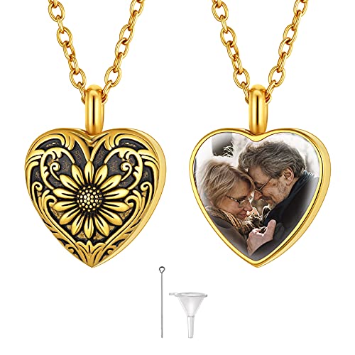 FindChic Urnen Anhänger Herz Kette für Tierhaare Urne Katzen Hunde Edelstahl Asche Anhänger Damen Sonnenblume Halskette Personalisierte Foto Text Ascheamulett Gold von FindChic