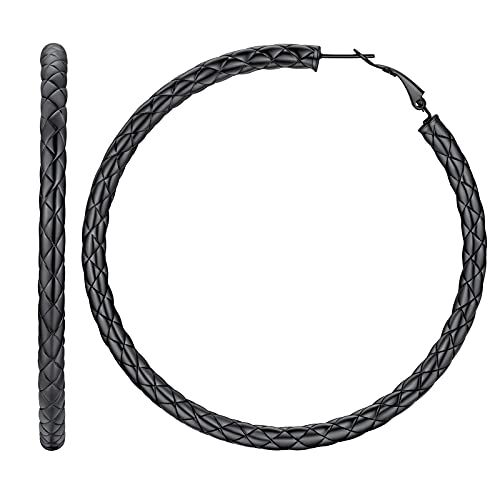 FindChic schwarz Ohrstecker für Herren Männer Glänzend Poliert Creolen Ohrstecker mit Kreuzmuster in Durchmesser 40mm Huggie Hoop Ohrstecker mit Geschenkebox von FindChic