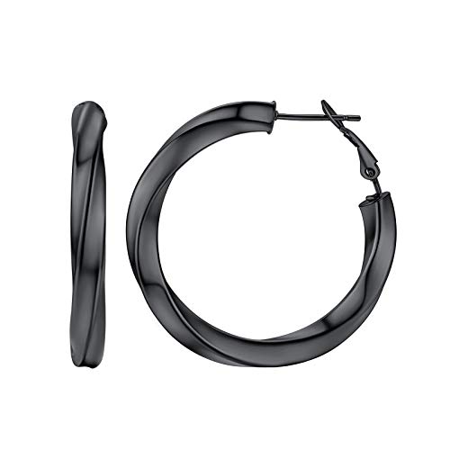 FindChic schwarz Ohrstecker für Herren Männer Glänzend Poliert Kreolen Ohrstecker in Durchmesser 40mm Huggie Hoop Twisted Ohrstecker mit Geschenkebox von FindChic