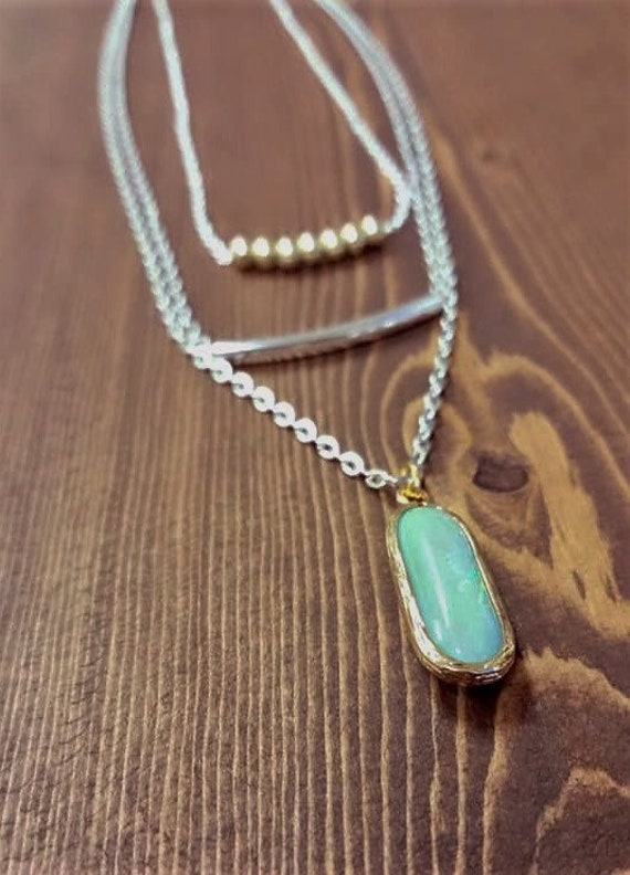 Zwei Ton - Zwei Türkis & Gold Silber 3 Stufe Halskette Türkis-Anhänger Boho Inspiriert Rechteck Geschichtet von FindKeepCreate