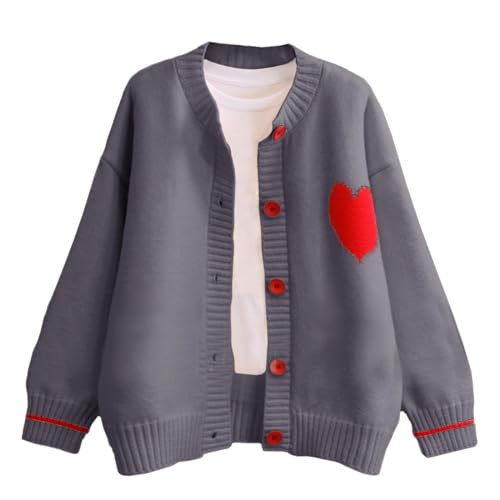 FindThy Damen Cute Cardigan Sweater Kawaii Love Heart Print Y2K Button Knitted Outerwear, grau dunkel, Mittel von FindThy