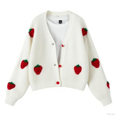 FindThy Damen Strickjacke Kawaii Erdbeere Bestickt Langarm V-Ausschnitt Grobstrick Cardigans Tops, 03 Weiß, Mittel von FindThy