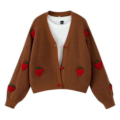 FindThy Damen Kawaii Cardigan mit Erdbeer-Stickerei, langärmliger, grob gestrickter V-Ausschnitt Cardigan Top, 03 Braun, Mittel von FindThy
