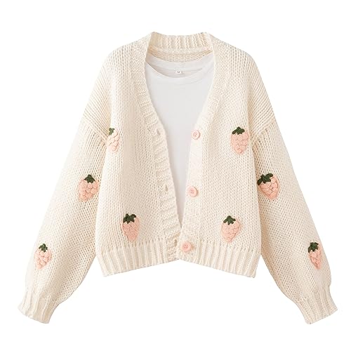 FindThy Damen Kawaii Cardigan mit Erdbeer-Stickerei, langärmliger, grob gestrickter V-Ausschnitt Cardigan Top, Pink, Mittel von FindThy
