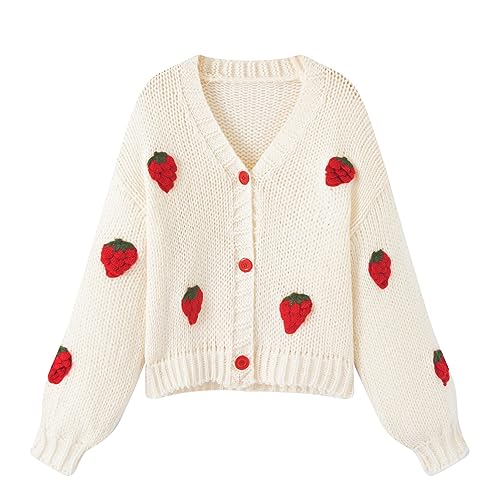FindThy Damen Kawaii Cardigan mit Erdbeer-Stickerei, langärmliger, grob gestrickter V-Ausschnitt Cardigan Top, Rot/Ausflug, einfarbig (Getaway Solids), Groß von FindThy