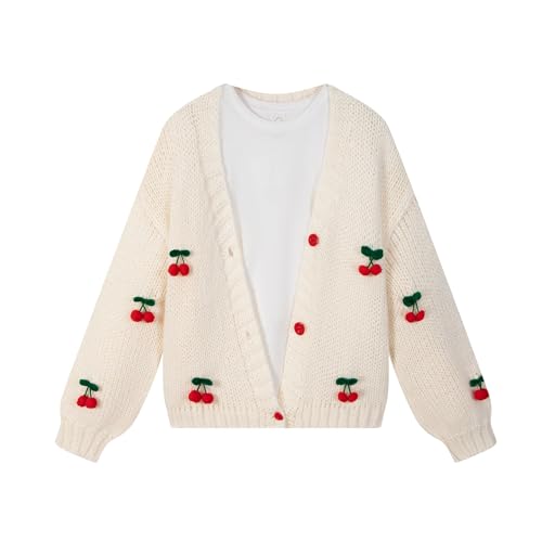 FindThy Damen Strickjacke Kawaii Erdbeere bestickt Langarm V-Ausschnitt Grobstrick Cardigans Tops, Weiße Kirsche, Klein von FindThy