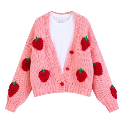 FindThy Damen Kawaii Cardigan mit Erdbeer-Stickerei, langärmliger, grob gestrickter V-Ausschnitt Cardigan Top, rosa/rot, Mittel von FindThy