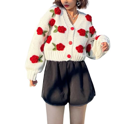 FindThy Damen Kawaii Cardigan mit Erdbeer-Stickerei, langärmliger, grob gestrickter V-Ausschnitt Cardigan Top, weiß / rot, X-Groß von FindThy