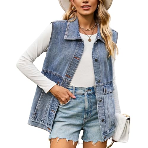 FindThy Damen Vintage Denim Jeans Weste Oversized Button Down Jeans Weste Weste, 04 Blau, S von FindThy