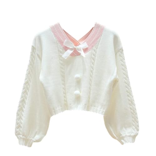 FindThy Damen Y2K Pullover Sweater Sweet Lantern Ärmel Fliege Strick Crop Pullover Tops, Weiss/opulenter Garten, Einheitsgröße von FindThy