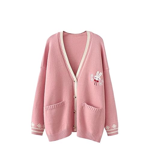 FindThy Damen süße Kaninchen bestickte Strickjacke Langarm Taschen Kawaii Cardigans Pullover, 01 Rosa, Einheitsgröße von FindThy