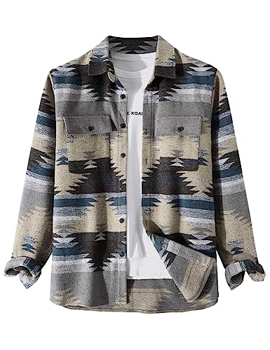 FindThy Herren gebürstetes Flanellhemd mit ethnischem Azteken-Muster, durchgeknöpfte Revers-Hemd-Jacke im Tribal-Design, 01 Grau, Klein von FindThy