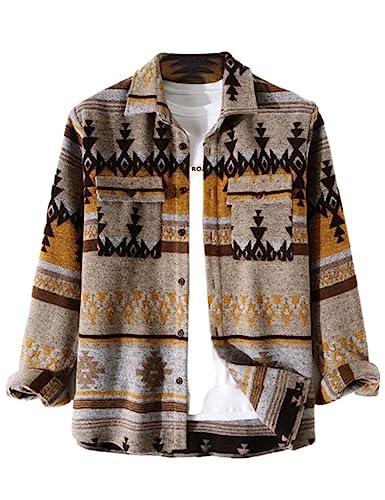 FindThy Herren gebürstetes Flanellhemd mit ethnischem Azteken-Muster, durchgeknöpfte Revers-Hemd-Jacke im Tribal-Design, 01 Khaki, XX-Large von FindThy
